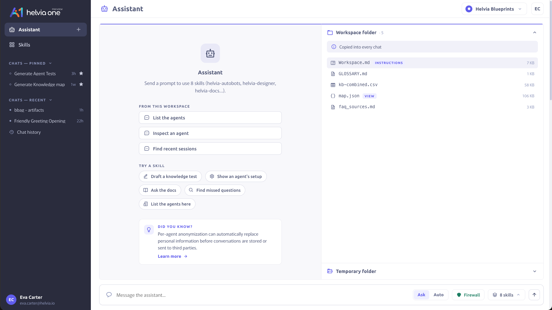 Helvia One assistant with workspace folder, suggested prompts and skills