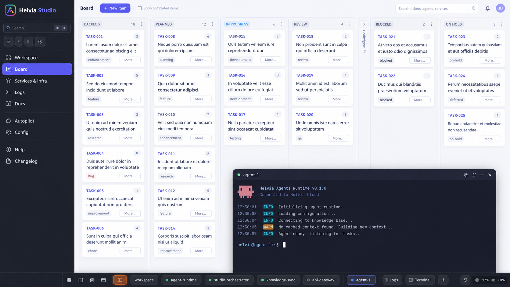 Helvia Software Studio board with tickets by stage and an agent runtime terminal