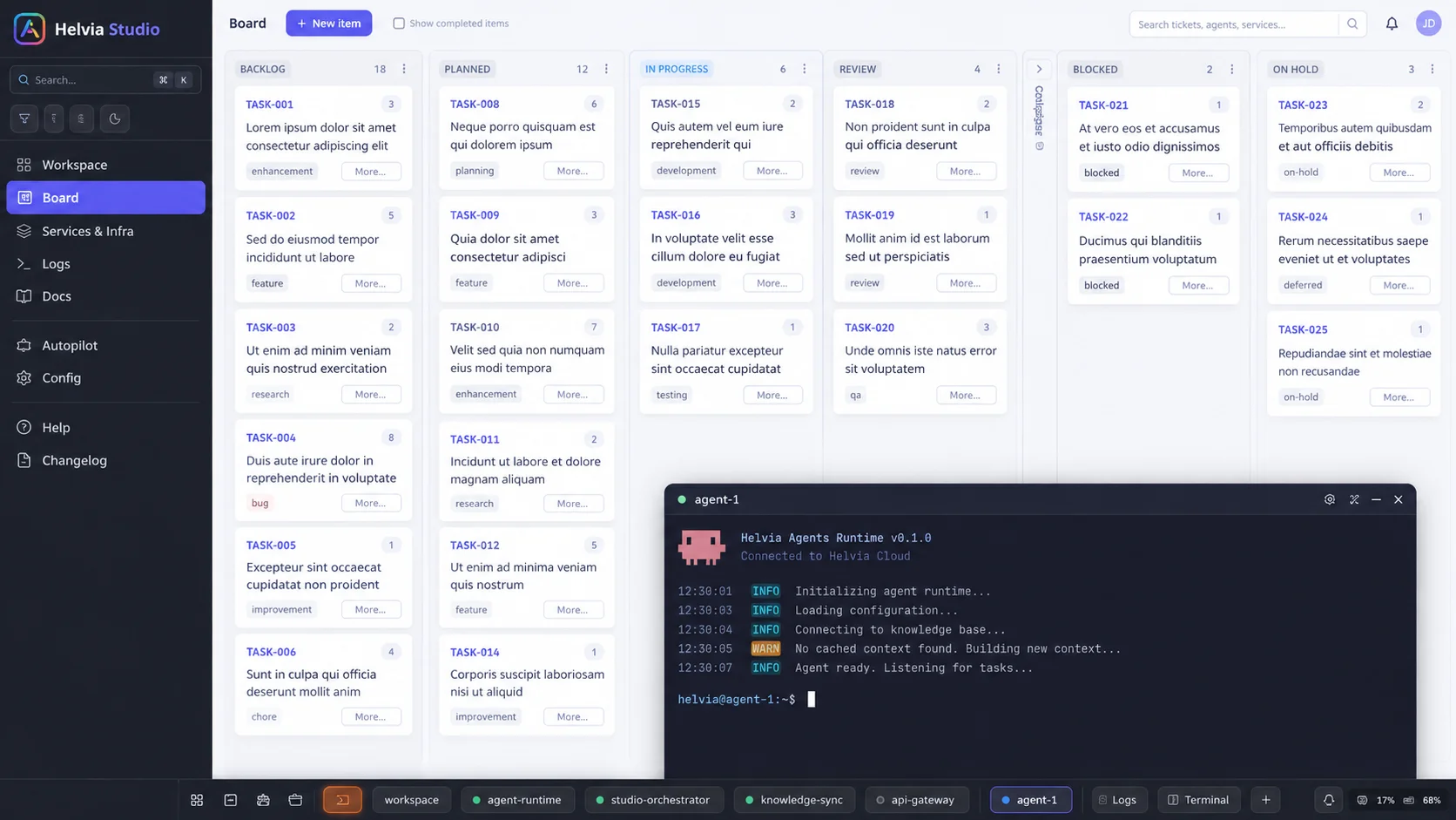 Helvia Software Studio board with tickets by stage and an agent runtime terminal